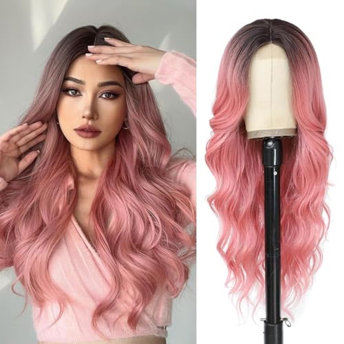 Lange Ombre Rose Wellige Perücke für Frauen Mittlerer Spitzenteil 26 Zoll Ombre Rose Lockige Wellige Perücken Natürlich Aussehende Synthetische Hitzebeständige Faserperück von Newsuyuan