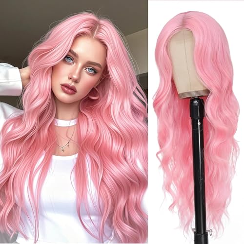Lange Perücke, Rosa, gewellt, mittlerer Teil aus Spitze für Frauen, 66 cm, gelockt, gewellt, Kunsthaar, Perücke aus hitzebeständiger Faser, für den täglichen Gebrauch Lange Perücke, Rosa, gewellt, mittlerer Teil aus Spitze für Frauen, 66 cm, gelockt, gewellt, Kunsthaar, Perücke aus hitzebeständiger Faser, für den täglichen Gebrauch von Newsuyuan