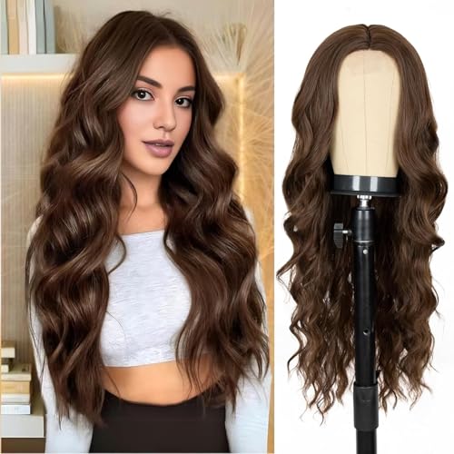Lange Perücke, dunkelbraun, gewellt, mittlere Spitze, für Frauen, 66 cm, gelockt, gewellt, Kunsthaar, Perücke aus hitzebeständiger Faser Lange Perücke, dunkelbraun, gewellt, mittlere Spitze, für Frauen, 66 cm, gelockt, gewellt, Kunsthaar, Perücke aus hitzebeständiger Faser von Newsuyuan