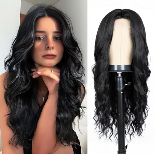 Lange schwarze Perücke, gewellt, mittlerer Teil aus Spitze für Frauen, 66 cm, gelockt, gewellt, Kunsthaar, Perücke aus hitzebeständiger Faser, für den täglichen Gebrauch Lange schwarze Perücke, gewellt, mittlerer Teil aus Spitze für Frauen, 66 cm, gelockt, gewellt, Kunsthaar, Perücke aus hitzebeständiger Faser, für den täglichen Gebrauch von Newsuyuan