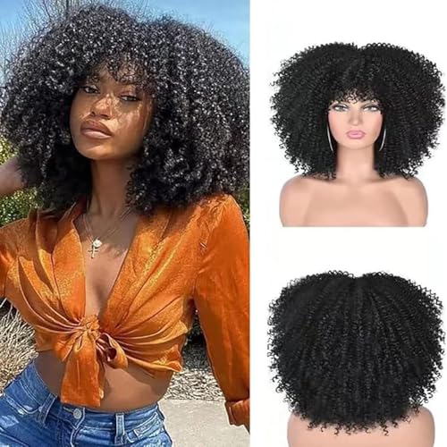 kinky Curly Perücken für schwarze Frauen Kurze Schwarze lockige Afro Perücke mit Bangs, Synthetische Hitzebeständige volle Afro lockige schwarze Perücken für tägliche Party 14 Zoll kinky Curly Perücken für schwarze Frauen Kurze Schwarze lockige Afro Perücke mit Bangs, Synthetische Hitzebeständige volle Afro lockige schwarze Perücken für tägliche Party 14 Zoll von Newsuyuan