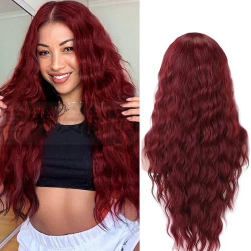 Weinrot Lange Lockige, Gewellte Perücken für Frauen, Lange Wasser-Gewellte Perücke, Mittelteil ohne Pony, Natürlich Aussehende Kunsthaar-Perücken, Mais Perm mit Langem Lockigem Haar für Cosplay von Newtic