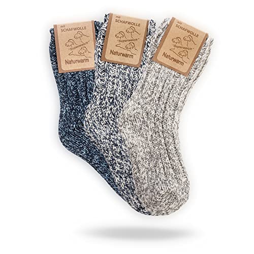 3 Paar Sehr Warme Norweger Socken für Baby und Kinder, Dicke Wollsocken mit Plüschsohle, Wintersocken in 2 verschiedenen Varianten (Grau - Blau Mix, 15-18) von NewwerX