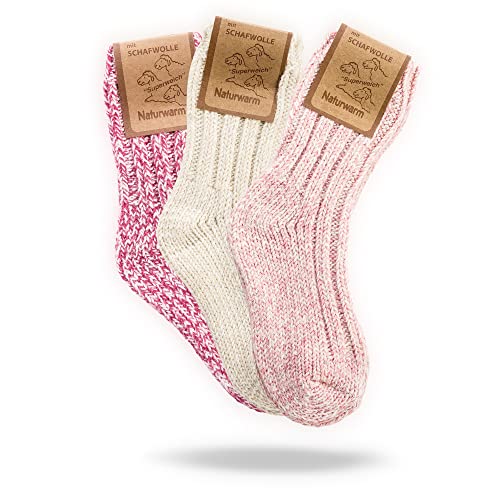 3 Paar Sehr Warme Norweger Socken für Baby und Kinder, Dicke Wollsocken mit Plüschsohle, Wintersocken in 2 verschiedenen Varianten (Weiß - Rosa Mix, 19-22) von NewwerX