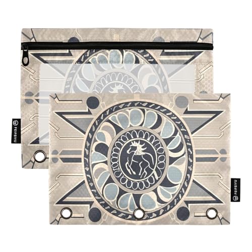 Art Deco Federmäppchen mit Pferdemotiv, neutral, 2 Stück, für 3-Ringbücher, glatter Reißverschluss mit transparentem PVC-Fenster, Federmäppchen für Schulbedarf von Nexawaveo