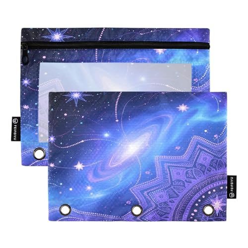 Federmäppchen-Set mit 3 Ringbüchern im Boho-Stil, Blau, Galaxie, glatter Reißverschluss mit transparentem PVC-Fenster, Federmäppchen für Schulbedarf, 2 Stück von Nexawaveo