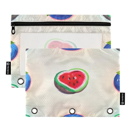 Federmäppchen-Set mit bemalten Früchten, leicht, für 3-Ringbinder, glatter Reißverschluss mit transparentem PVC-Fenster, Federmäppchen für Schulbedarf, 2 Stück von Nexawaveo