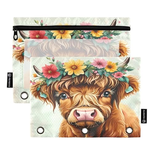 Federmäppchen mit Blumenkrone, Hochlandkuh, neutral, 2 Stück, für 3-Ringbinder, glatter Reißverschluss, Federmäppchen für Schulbedarf von Nexawaveo