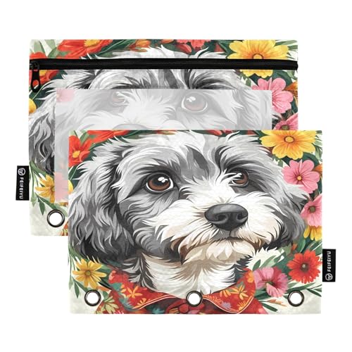 Federmäppchen mit Blumenmotiv, neutral, 2 Stück, für 3-Ringbinder, glatter Reißverschluss mit transparentem PVC-Fenster, Federmäppchen für Schulbedarf von Nexawaveo