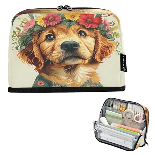 Federmäppchen mit großem Fassungsvermögen, 21,1 x 15 cm, Blumenkrone, Hund, neutrales Stifteetui für Schule, Büro, Reisen von Nexawaveo
