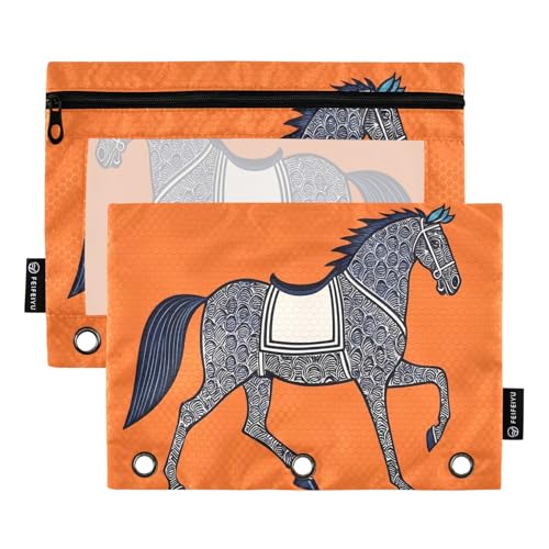 Graphic Line Federmäppchen mit Pferdemotiv auf Orange, 2 Stück, für 3-Ringbücher, glatter Reißverschluss mit transparentem PVC-Fenster, Federmäppchen für Schulbedarf von Nexawaveo