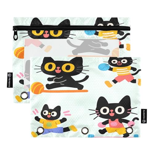 Nexawaveo Active Cats Federmäppchen-Set für 3-Ringbinder, glatter Reißverschluss mit transparentem PVC-Fenster, Federmäppchen für Schulbedarf, 2 Stück von Nexawaveo