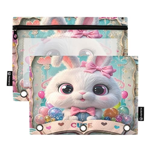 Nexawaveo Adorable Bunny Pastellfarbenes Federmäppchen-Set für 3-Ringbinder, glatter Reißverschluss mit transparentem PVC-Fenster, Federmäppchen für Schulbedarf, 2 Stück von Nexawaveo