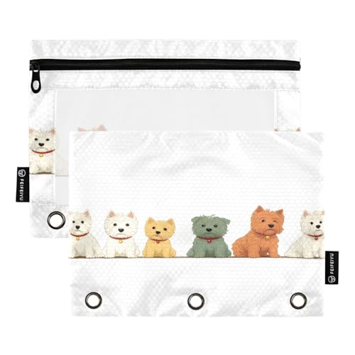 Nexawaveo Adorable Dogs Lineup Federmäppchen-Set für 3-Ringbinder, glatter Reißverschluss mit transparentem PVC-Fenster, Federmäppchen für Schulbedarf, Weiß, 2 Stück von Nexawaveo