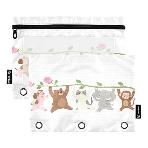Nexawaveo Animals Lift Rose Federmäppchen-Set für 3-Ringbinder, glatter Reißverschluss mit transparentem PVC-Fenster, Federmäppchen für Schulbedarf, 2 Stück von Nexawaveo