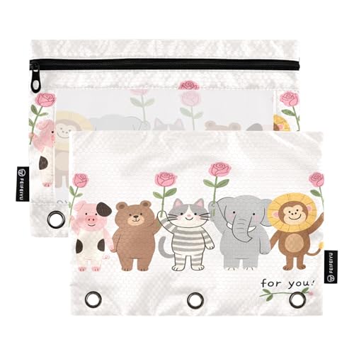Nexawaveo Animals Lift Roses Federmäppchen-Set für 3-Ringbinder, glatter Reißverschluss mit transparentem PVC-Fenster, Federmäppchen für Schulbedarf, 2 Stück von Nexawaveo