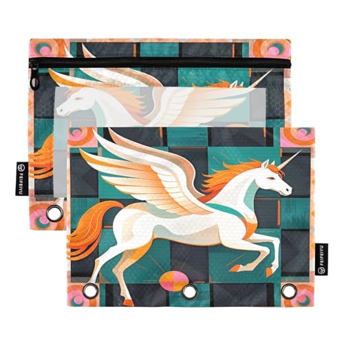 Nexawaveo Artdeco Pegasus Federmäppchen-Set, geometrisch, für 3-Ringbinder, glatter Reißverschluss, mit transparentem PVC-Fenster, Federmäppchen für Schulbedarf, 2 Stück von Nexawaveo