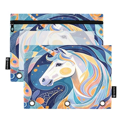 Nexawaveo Artistic Unicorns Abstraktes Federmäppchen-Set für 3-Ringbinder, glatter Reißverschluss mit transparentem PVC-Fenster, Federmäppchen für Schulbedarf, 2 Stück von Nexawaveo