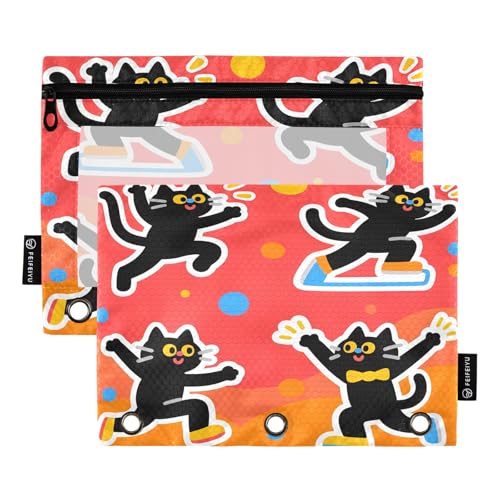 Nexawaveo Athletic Cats Federmäppchen-Set für 3-Ringbinder, glatter Reißverschluss mit transparentem PVC-Fenster, Federmäppchen für Schulbedarf, Rot, 2 Stück von Nexawaveo