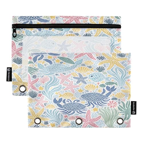 Nexawaveo Aufwendiges Federmäppchen mit Ozean-Muster, mehrfarbig, 2 Stück, für 3-Ringbinder, glatter Reißverschluss mit transparentem PVC-Fenster, Federmäppchen für Schulbedarf von Nexawaveo