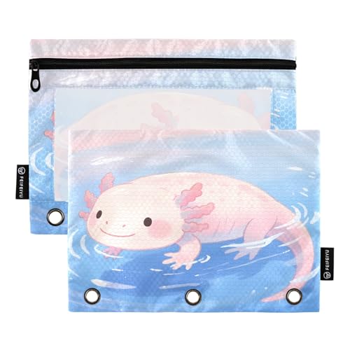 Nexawaveo Axolotl Federmäppchen-Set für 3-Ringbinder, glatter Reißverschluss mit transparentem PVC-Fenster, Federmäppchen für Schulbedarf, 2 Stück von Nexawaveo