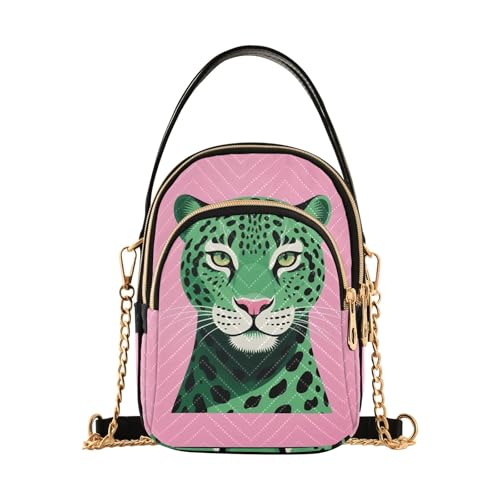 Nexawaveo Bunte gesteppte Umhängetasche, kleine Schultertasche, Damen-Handtaschen, Handygeldbörse mit Kette, Grüner Leopard von Nexawaveo