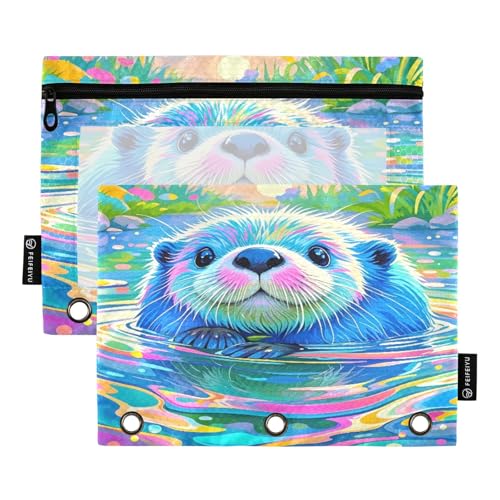 Nexawaveo Buntes Otter-Federmäppchen-Set für 3-Ringbücher, glatter Reißverschluss mit transparentem PVC-Fenster, Federmäppchen für Schulbedarf, 2 Stück von Nexawaveo