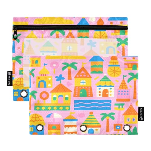 Nexawaveo Cartoonish Buildings Federmäppchen-Set für 3-Ringbinder, glatter Reißverschluss mit transparentem PVC-Fenster, Federmäppchen für Schulbedarf, 2 Stück von Nexawaveo