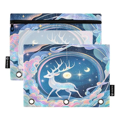 Nexawaveo Celestial Deer Nightsky Federmäppchen-Set für 3-Ringbuch, glatter Reißverschluss mit transparentem PVC-Fenster, Federmäppchen für Schulbedarf, 2 Stück von Nexawaveo