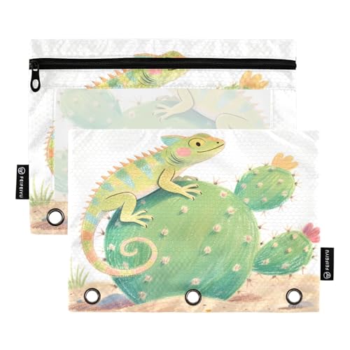 Nexawaveo Chamäleon Federmäppchen mit Kaktusmuster, 2 Stück, für 3-Ringbinder, glatter Reißverschluss mit transparentem PVC-Fenster, Federmäppchen für Schulbedarf von Nexawaveo