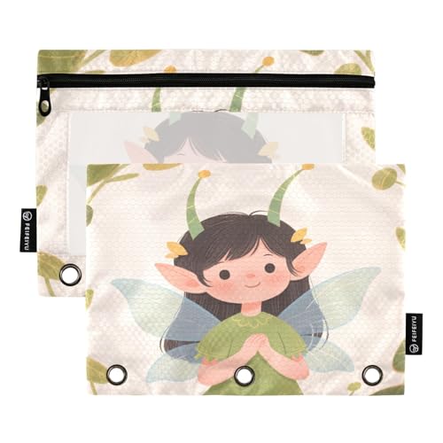 Nexawaveo Chibi Fairy Federmäppchen-Set für 3-Ringbinder, glatter Reißverschluss mit transparentem PVC-Fenster, Federmäppchen für Schulbedarf, Grün, 2 Stück von Nexawaveo
