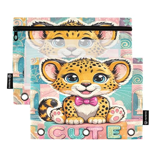 Nexawaveo Chibi Geparden-Stiftmappen-Set für 3-Ringbinder, glatter Reißverschluss mit transparentem PVC-Fenster, Federmäppchen für Schulbedarf, 2 Stück von Nexawaveo