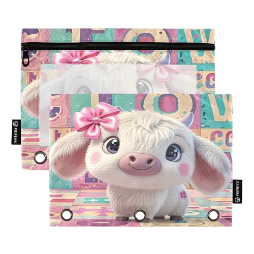 Nexawaveo Chibi Highland Cow Federmäppchen-Set für 3-Ringbuch, glatter Reißverschluss mit transparentem PVC-Fenster, Federmäppchen für Schulbedarf, 2 Stück von Nexawaveo