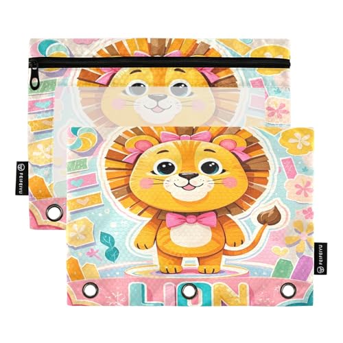 Nexawaveo Chibi Lion Pastellfarbenes Federmäppchen für 3-Ringbinder, glatter Reißverschluss mit transparentem PVC-Fenster, Federmäppchen für Schulbedarf, 2 Stück von Nexawaveo