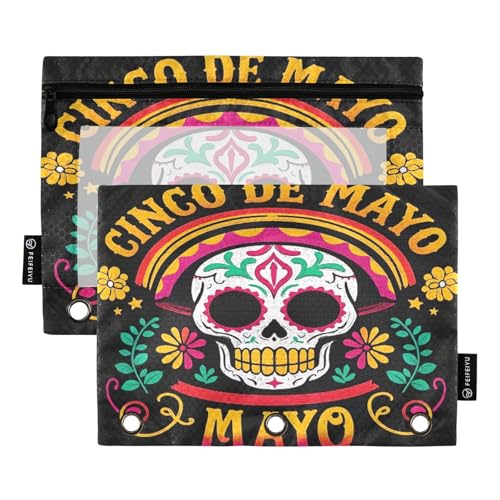 Nexawaveo Cinco De Mayo Federmäppchen-Set mit Zuckerschädel für 3-Ringordner, glatter Reißverschluss mit transparentem PVC-Fenster, Federmäppchen für Schulbedarf, 2 Stück von Nexawaveo