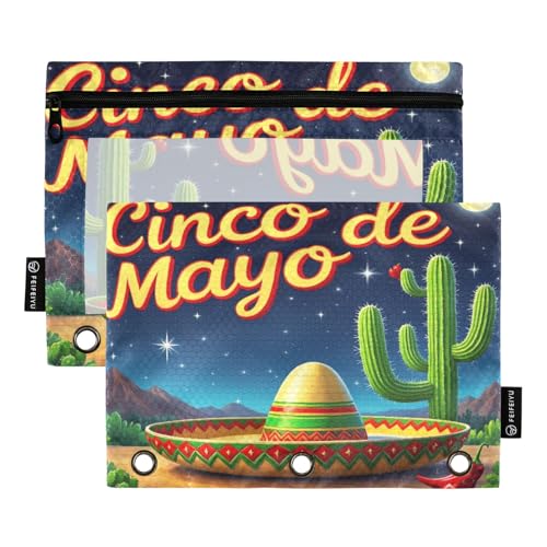 Nexawaveo Cinco De Mayo Sombrero Kaktus Federmäppchen-Set für 3-Ringbuch, glatter Reißverschluss mit transparentem PVC-Fenster, Federmäppchen für Schulbedarf, 2 Stück von Nexawaveo