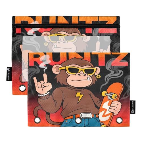 Nexawaveo Cool Monkey Dark Federmäppchen-Set für 3-Ringbinder, glatter Reißverschluss mit transparentem PVC-Fenster, Federmäppchen für Schulbedarf, 2 Stück von Nexawaveo