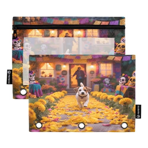 Nexawaveo Dog Day of the Dead Federmäppchen-Set für 3-Ringbinder, glatter Reißverschluss mit transparentem PVC-Fenster, Federmäppchen für Schulbedarf, 2 Stück von Nexawaveo
