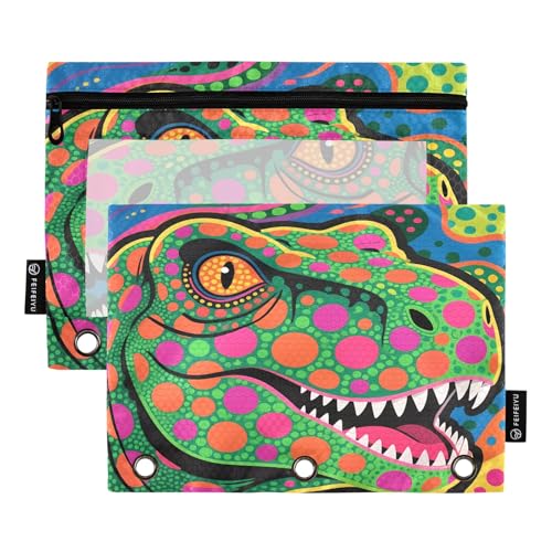 Nexawaveo Dot Art Dinosaurier-Federmäppchen für 3-Ringbinder, glatter Reißverschluss mit transparentem PVC-Fenster, Federmäppchen für Schulbedarf, 2 Stück von Nexawaveo