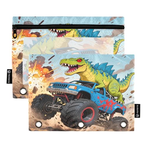 Nexawaveo Dynamic Dino Truck Federmäppchen-Set für 3-Ringbinder, glatter Reißverschluss mit transparentem PVC-Fenster, Federmäppchen für Schulbedarf, Blau, 2 Stück von Nexawaveo