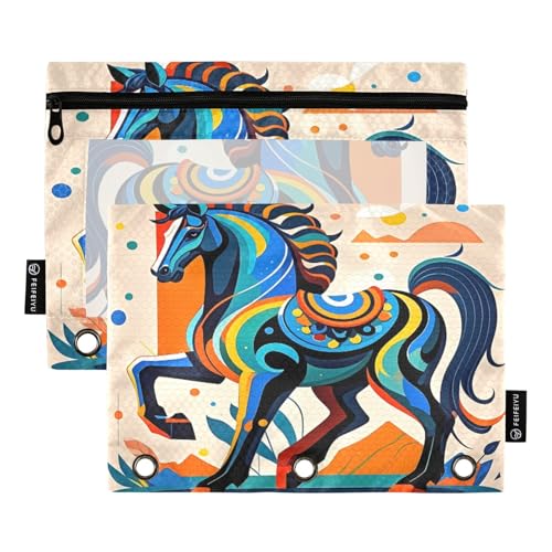Nexawaveo Dynamic Horse Federmäppchen-Set für 3-Ringbinder, glatter Reißverschluss mit transparentem PVC-Fenster, Federmäppchen für Schulbedarf, mehrfarbig, 2 Stück von Nexawaveo
