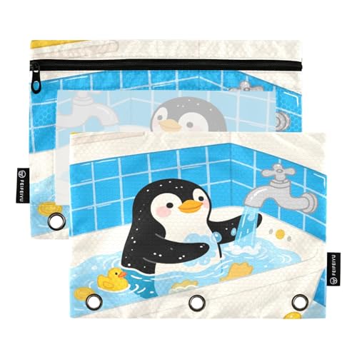 Nexawaveo Dynamic Penguin Bath Federmäppchen-Set für 3-Ringbinder, glatter Reißverschluss mit transparentem PVC-Fenster, Federmäppchen für Schulbedarf, 2 Stück von Nexawaveo