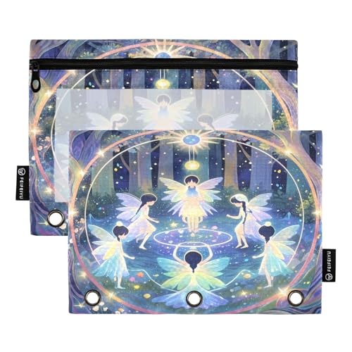 Nexawaveo Enchanted Fairies Forest Federmäppchen-Set für 3-Ringbinder, glatter Reißverschluss mit transparentem PVC-Fenster, Federmäppchen für Schulbedarf, 2 Stück von Nexawaveo