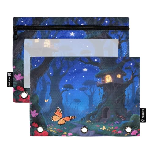 Nexawaveo Enchanted Forest Night Federmäppchen-Set für 3-Ringbinder, glatter Reißverschluss mit transparentem PVC-Fenster, Federmäppchen für Schulbedarf, 2 Stück von Nexawaveo
