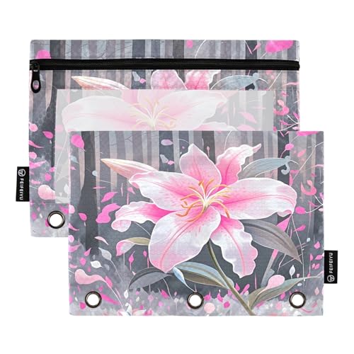 Nexawaveo Enchanted Lily Forest Federmäppchen-Set für 3-Ringbinder, glatter Reißverschluss mit transparentem PVC-Fenster, Federmäppchen für Schulbedarf, 2 Stück von Nexawaveo