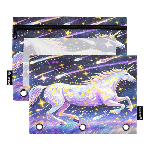 Nexawaveo Enchanted Unicorns Galaxy Federmäppchen-Set für 3-Ringbinder, glatter Reißverschluss mit transparentem PVC-Fenster, Federmäppchen für Schulbedarf, 2 Stück von Nexawaveo