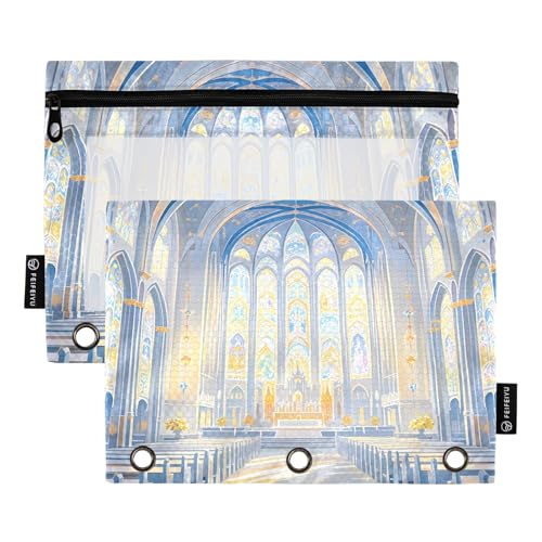 Nexawaveo Enchanting Church Interior Federmäppchen für 3-Ringbinder, glatter Reißverschluss mit transparentem PVC-Fenster, Federmäppchen für Schulbedarf, 2 Stück von Nexawaveo