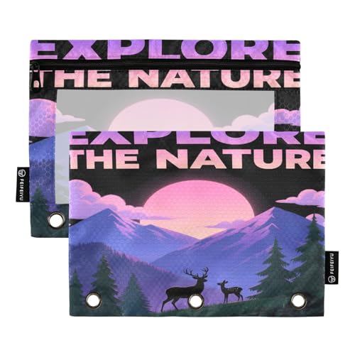 Nexawaveo Enchanting Deer Moonlit Federmäppchen-Set für 3-Ringbinder, glatter Reißverschluss mit transparentem PVC-Fenster, Federmäppchen für Schulbedarf, 2 Stück von Nexawaveo