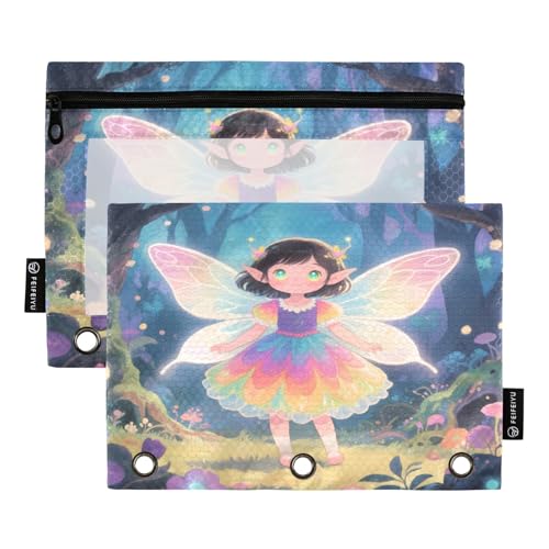 Nexawaveo Fairy Nightforest Federmäppchen-Set für 3-Ringbinder, glatter Reißverschluss mit transparentem PVC-Fenster, Federmäppchen für Schulbedarf, 2 Stück von Nexawaveo