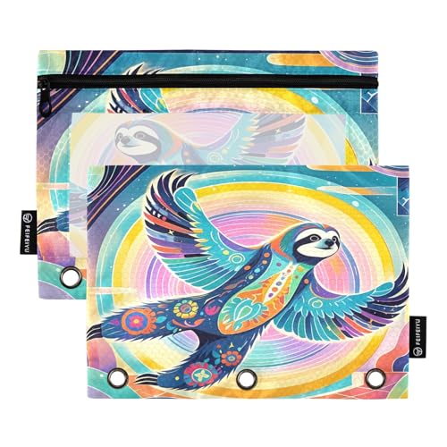 Nexawaveo Fantasy Faultier Cosmics Federmäppchen-Set für 3-Ringbuch, glatter Reißverschluss mit transparentem PVC-Fenster, Federmäppchen für Schulbedarf, 2 Stück von Nexawaveo
